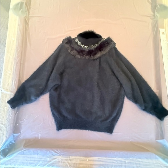 Vintage Black Fur-Trimmed Embellished Button Cardigan Sweater Size Large - Picture 5 of 11